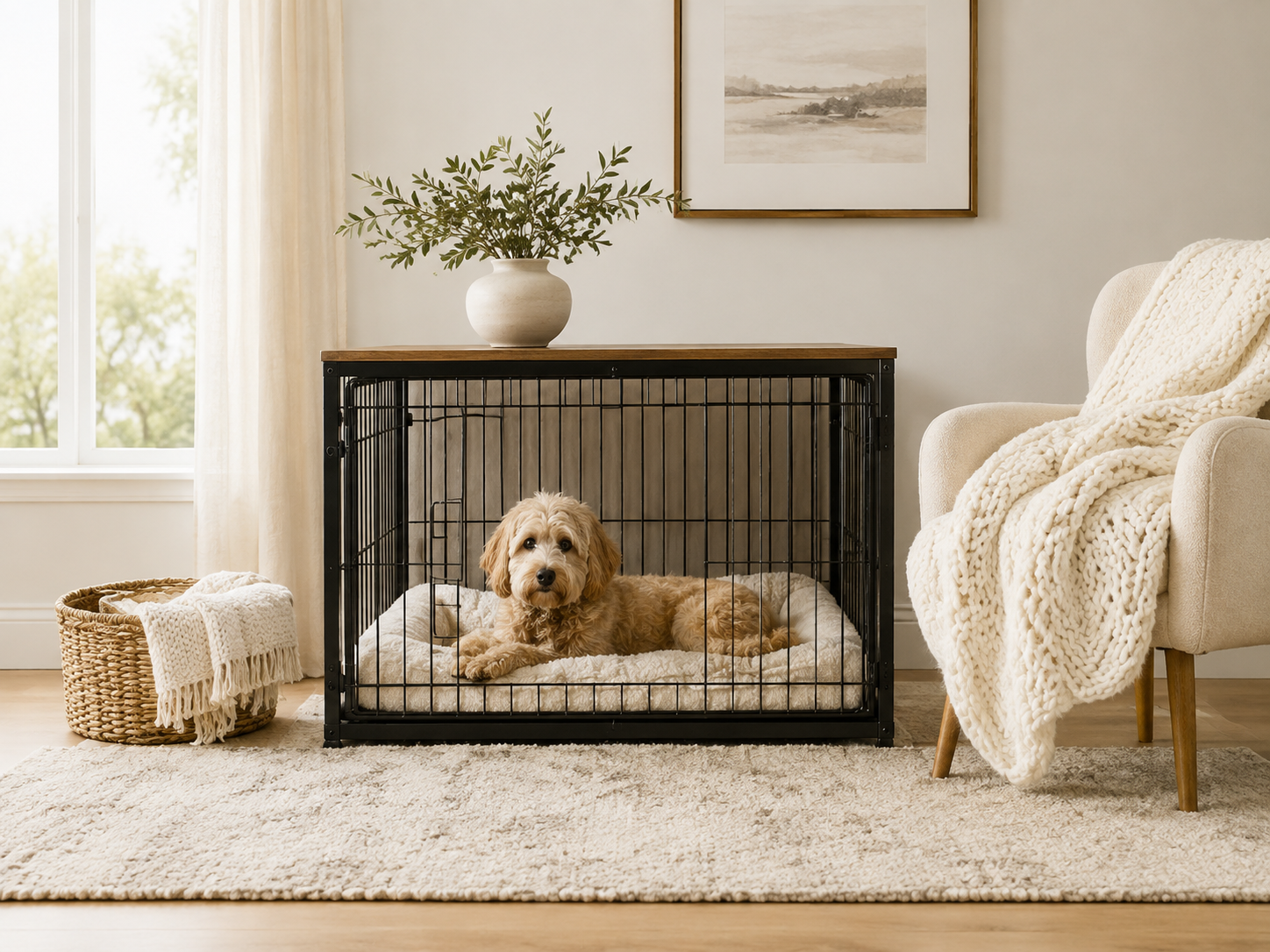 Dog relaxing in a stylish living room setting with premium crate